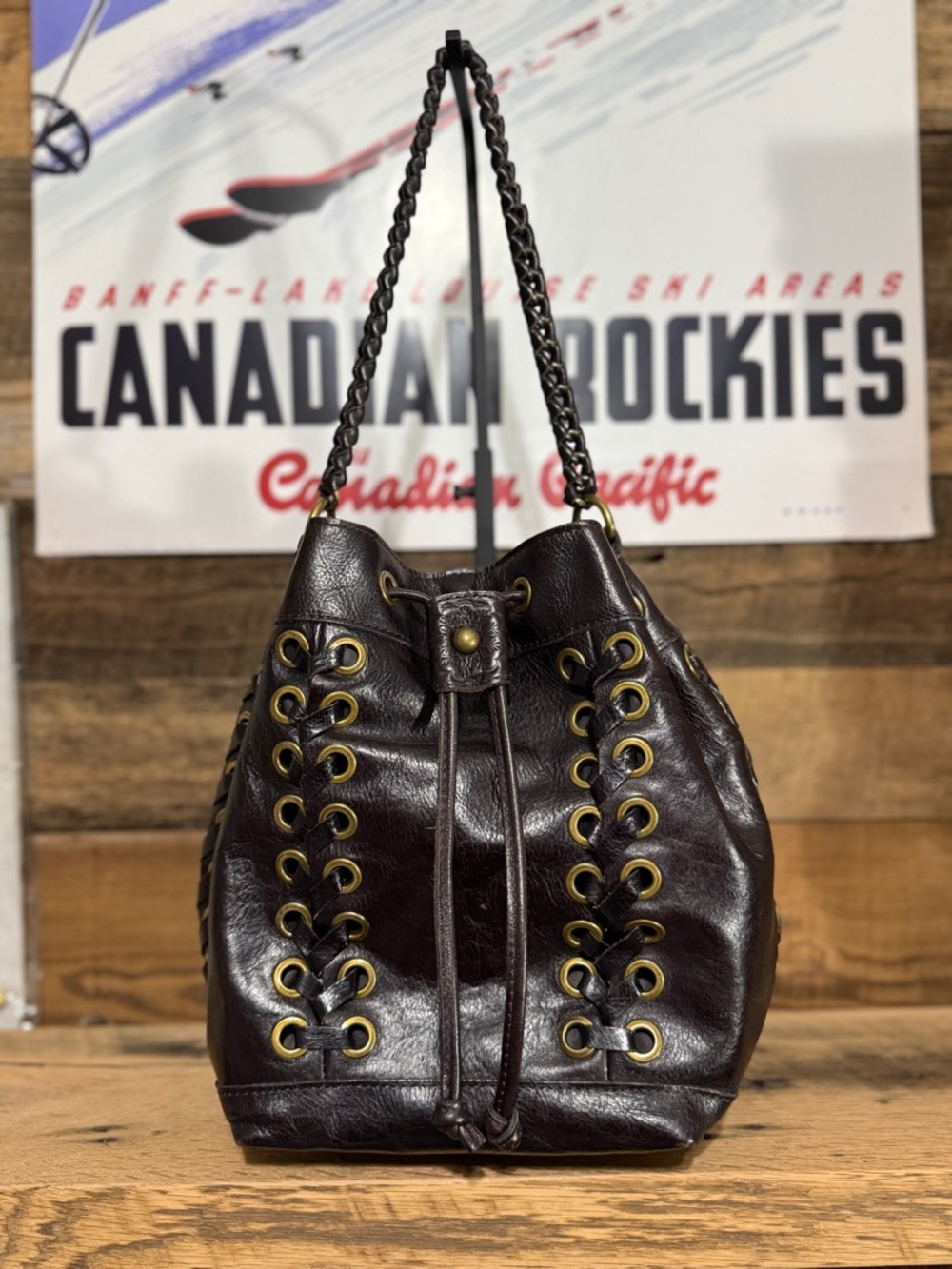 Patricia Nash Dark Brown Leather Drawstring Shoulder Bag with Brass Eyelets